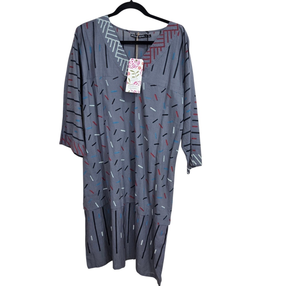 NWT Gudrun Sjoden Dress Medium Grey V-Neck Midi Artsy‎ Geometric Organic Cotton